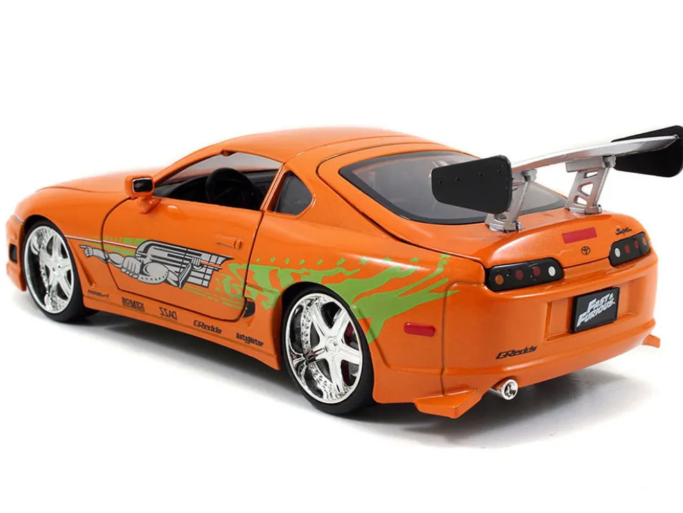 Dom's 1970 Dodge Charger R/T Black and Brian's Toyota Supra Orange with Graphics Set of 2 Cars "Fast & Furious 25th Anniversary" "Fast & Furious" Series 1/24 Diecast Model Cars by Jada