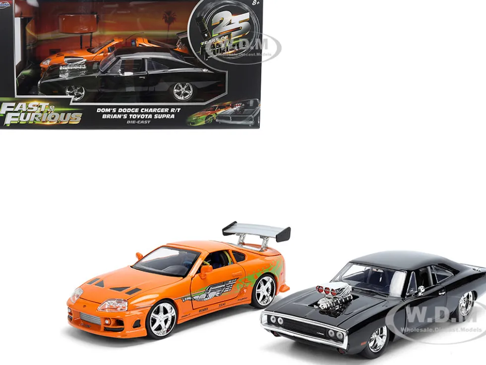 Dom's 1970 Dodge Charger R/T Black and Brian's Toyota Supra Orange with Graphics Set of 2 Cars "Fast & Furious 25th Anniversary" "Fast & Furious" Series 1/24 Diecast Model Cars by Jada