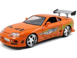 Dom's 1970 Dodge Charger R/T Black and Brian's Toyota Supra Orange with Graphics Set of 2 Cars