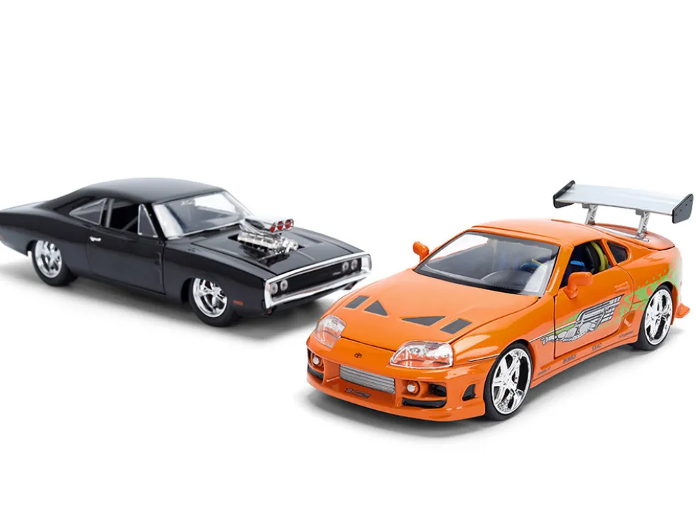 Dom's 1970 Dodge Charger R/T Black and Brian's Toyota Supra Orange with Graphics Set of 2 Cars "Fast & Furious 25th Anniversary" "Fast & Furious" Series 1/24 Diecast Model Cars by Jada