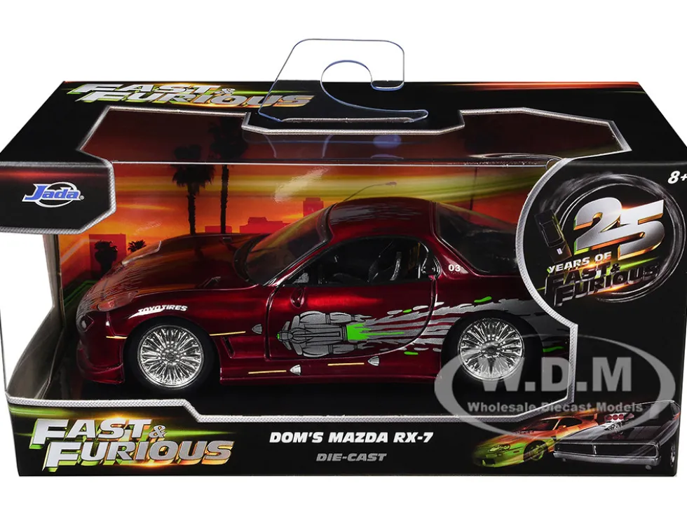 Dom's Mazda RX-7 Candy Red with Graphics "The Fast and the Furious" (2001) Movie "25 Years of Fast & Furious" Series 1/32 Diecast Model Car by Jada