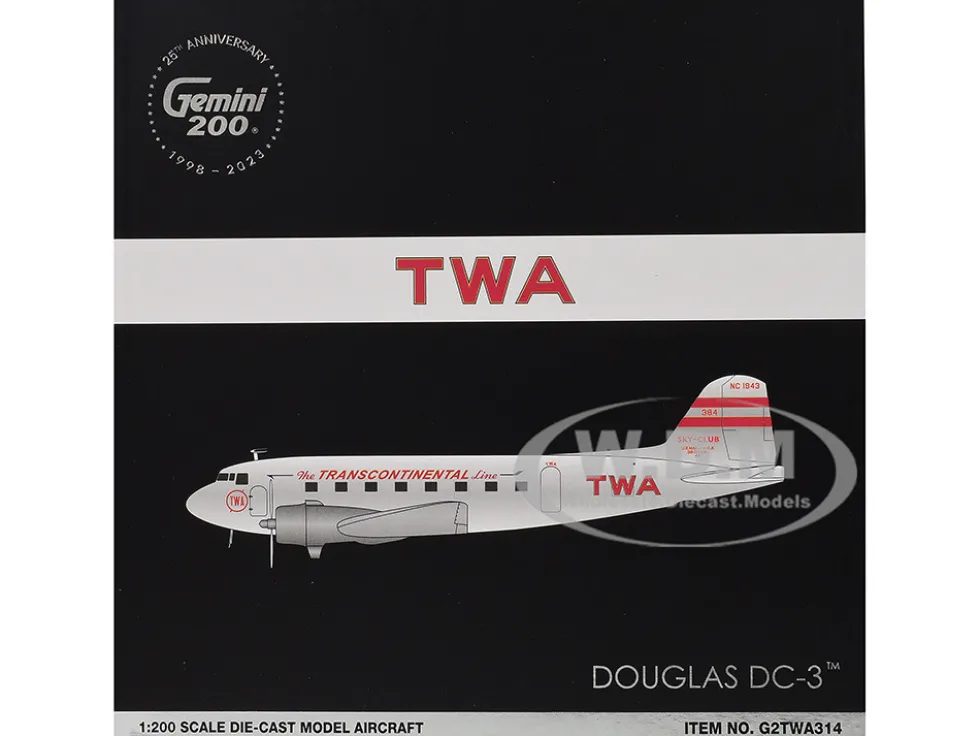 Douglas DC-3 Commercial Aircraft "TWA (Trans World Airlines)" (NC1943) Polished Metal Finish with Red Tail Stripes "Gemini 200" Series 1/200 Diecast Model Airplane by GeminiJets