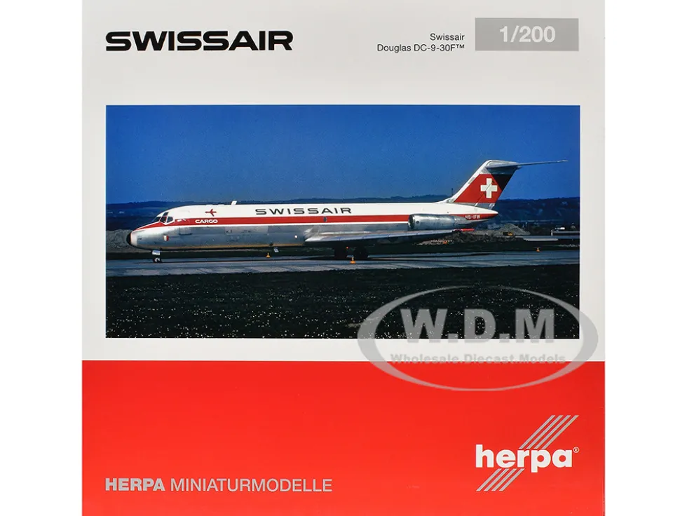 Douglas DC-9-30F Commercial Aircraft "Swissair" (HB-IFW) White with Red Stripes 1/200 Diecast Model Airplane by Herpa