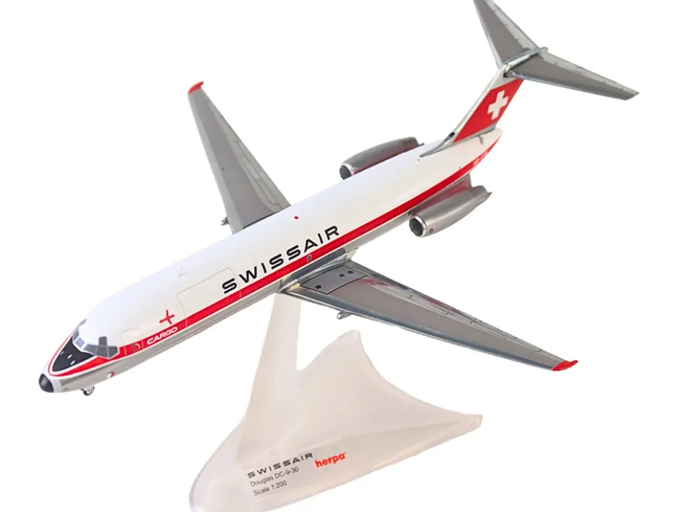 Douglas DC-9-30F Commercial Aircraft "Swissair" (HB-IFW) White with Red Stripes 1/200 Diecast Model Airplane by Herpa