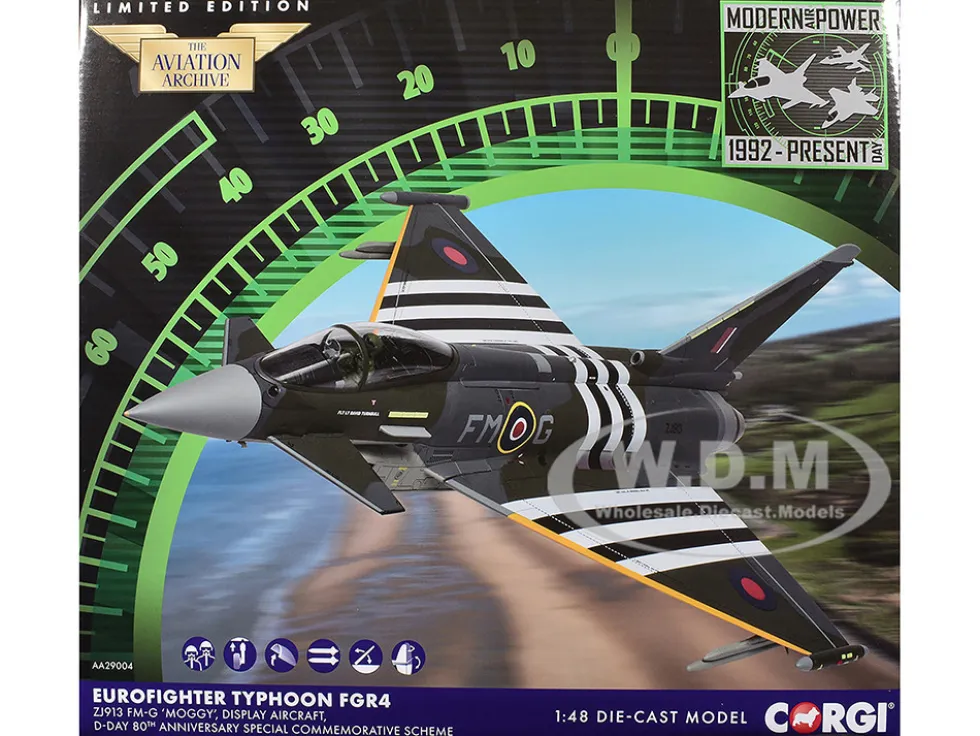Eurofighter Typhoon FGR4 Fighter Aircraft "ZJ913 FM-G, Moggy, D-Day 80th Anniversary Display Scheme" (2024) Royal Air Force "The Aviation Archive" Series 1/48 Diecast Model by Corgi