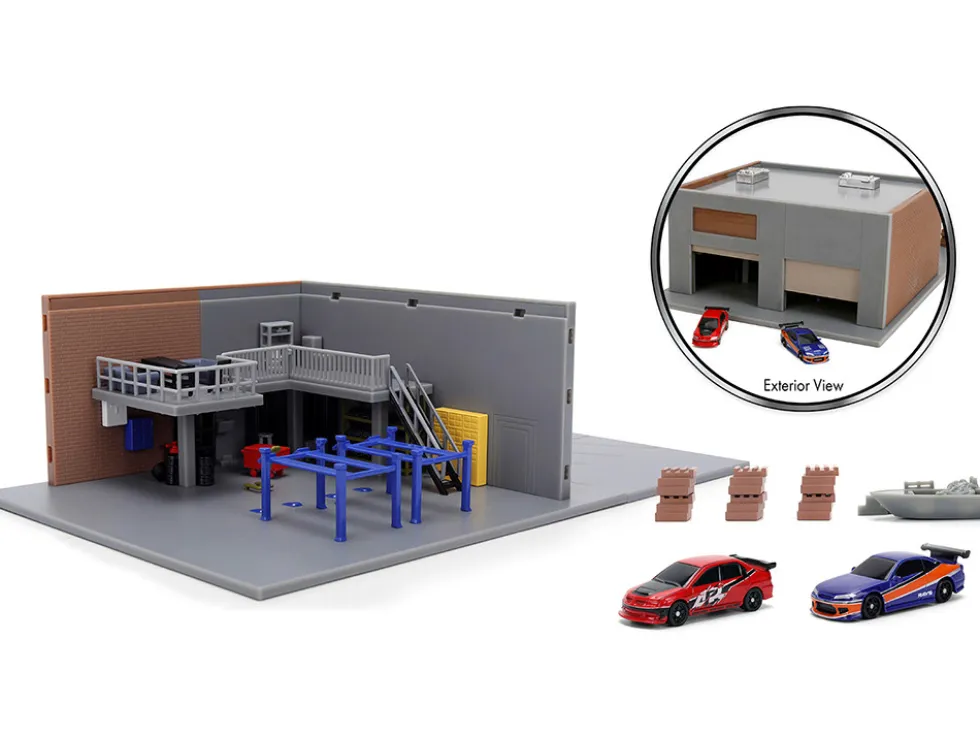 Fast & Furious Han's Garage Diorama with 2 Cars and Accessories "Nano Scene" Series 1/32 Model by Jada