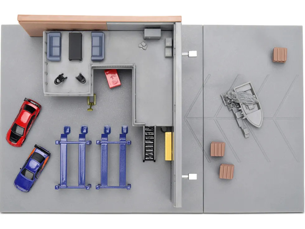 Fast & Furious Han's Garage Diorama with 2 Cars and Accessories "Nano Scene" Series 1/32 Model by Jada