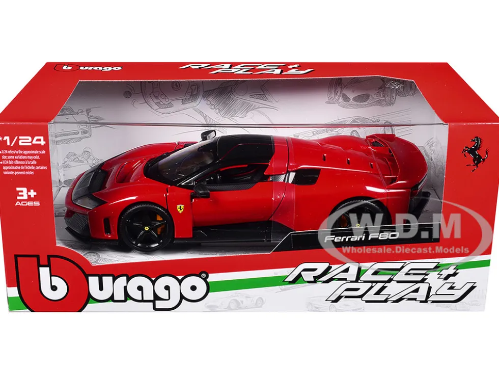 Ferrari F80 Red with Black Top "Race + Play" Series 1/24 Diecast Model Car by Bburago