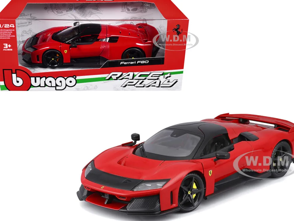 Ferrari F80 Red with Black Top "Race + Play" Series 1/24 Diecast Model Car by Bburago