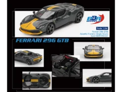 Ferrari 296 GTB Assetto Fiorano Grigio Scuro (Dark Gray) with Yellow Stripes 1/64 Diecast Model Car by BBR