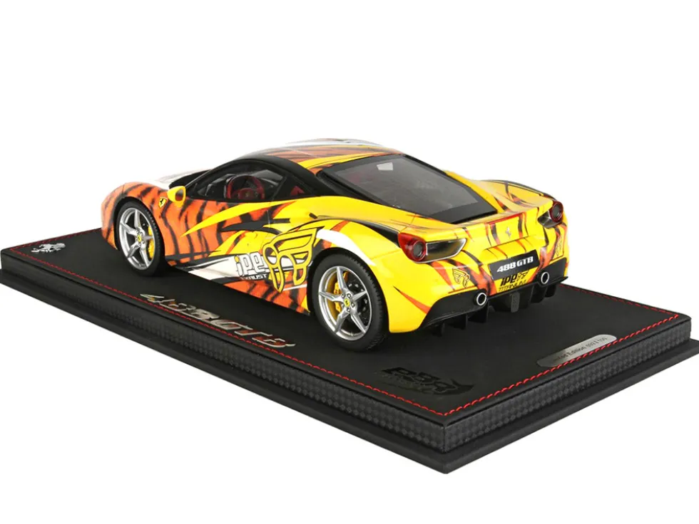 Ferrari 488 GTB IPE Exhaust Giallo Modena Yellow with Tiger Graphics with DISPLAY CASE Limited Edition to 100 pieces Worldwide 1/18 Model Car BBR P18221