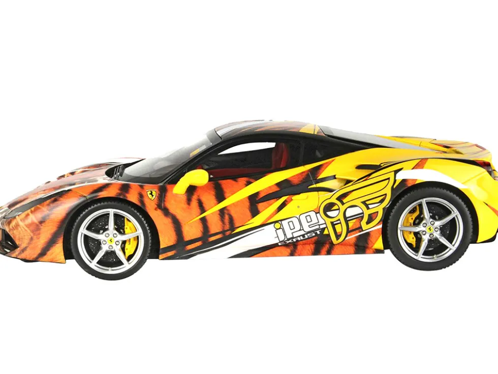 Ferrari 488 GTB IPE Exhaust Giallo Modena Yellow with Tiger Graphics with DISPLAY CASE Limited Edition to 100 pieces Worldwide 1/18 Model Car BBR P18221