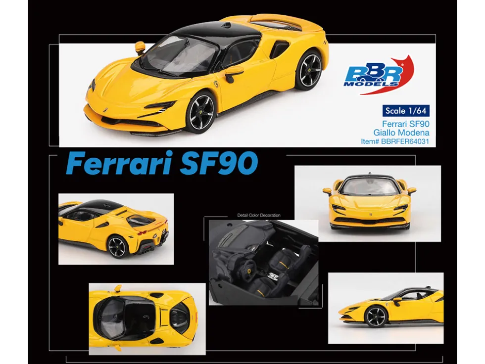 Ferrari SF90 Giallo Modena Yellow with Black Top 1/64 Diecast Model Car by BBR
