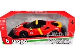 Ferrari SF90 Stradale Assetto Fiorano #50 Red with Black Top and Yellow Stripes "Race + Play" Series 1/18 Diecast Model Car by Bburago