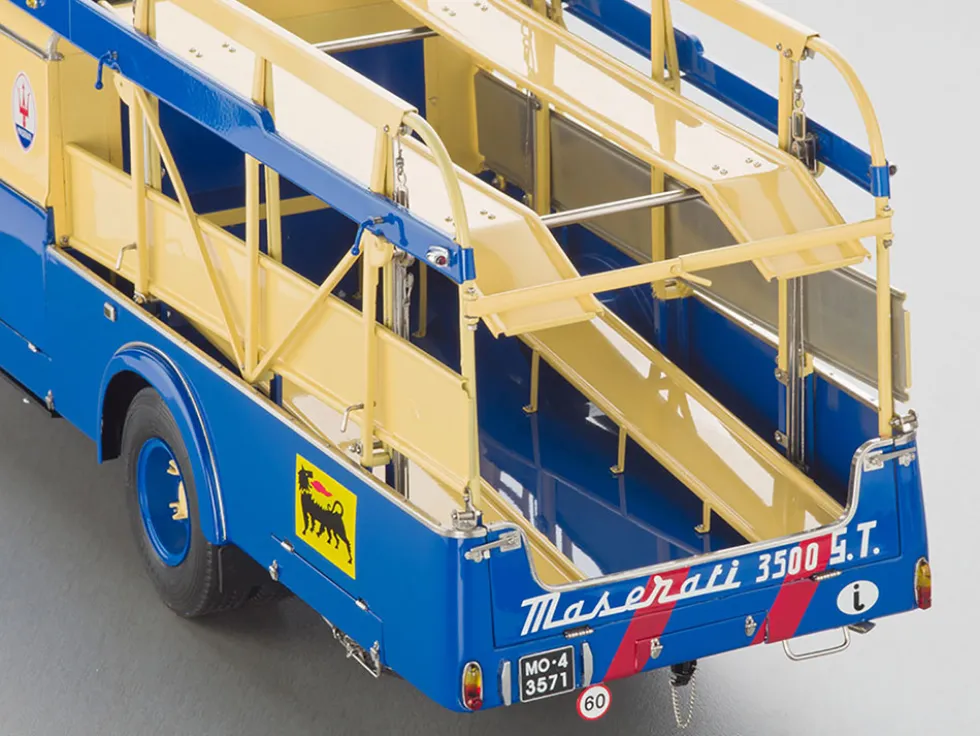 Fiat 642 RN2 Bartoletti Car Transporter "Maserati Racing" Blue and Cream 1/18 Diecast Model Car by CMC