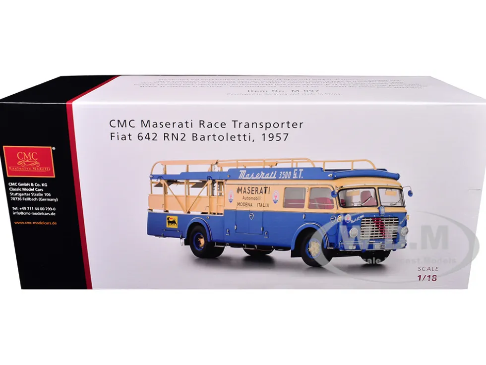 Fiat 642 RN2 Bartoletti Car Transporter "Maserati Racing" Blue and Cream 1/18 Diecast Model Car by CMC