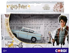 Flying Ford Anglia RHD (Right Hand Drive) Light Blue with White Top (Weathered) with Harry and Ron Figures