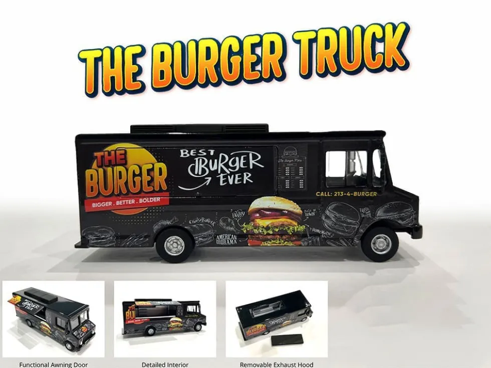 Food Truck "The Burger Truck" Black with Graphics 1/64 Diecast Model by American Diorama