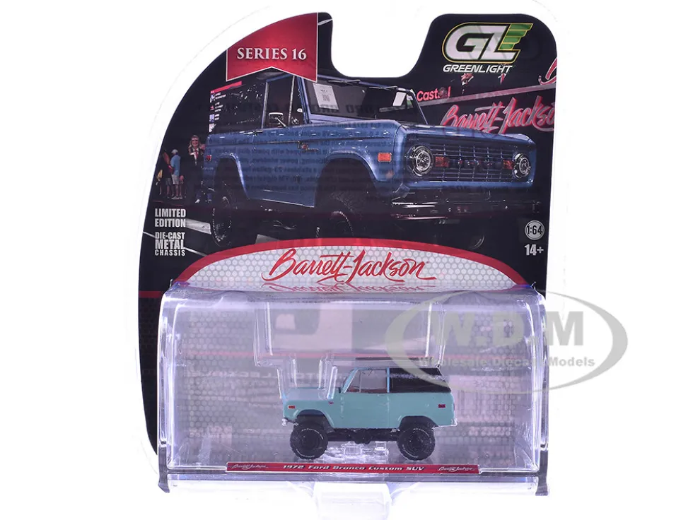 1972 Ford Bronco Custom SUV Light Blue with Black Top "Barrett-Jackson" Series 16 1/64 Diecast Model Car by Greenlight
