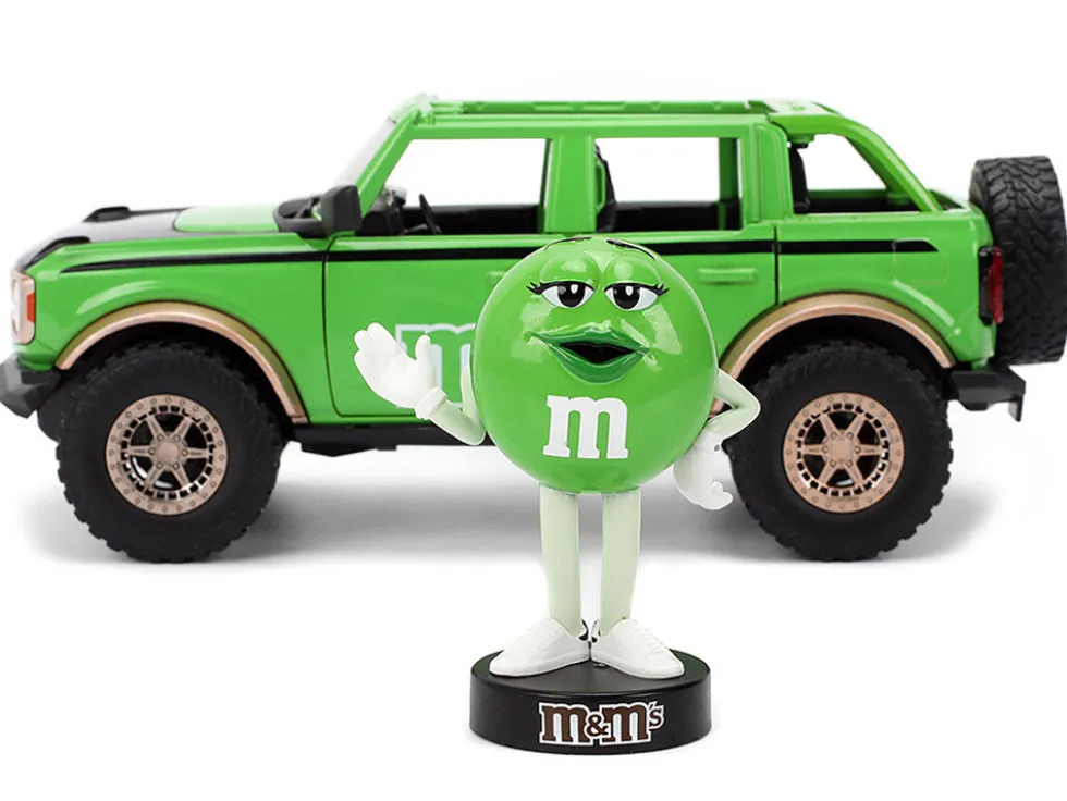2021 Ford Bronco Green with Black Stripes and Green M&M's Diecast Figure "Hollywood Rides" Series 1/24 Diecast Model Car by Jada