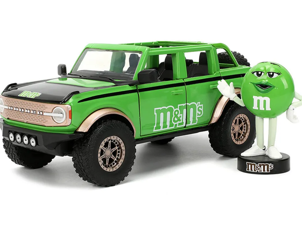 2021 Ford Bronco Green with Black Stripes and Green M&M's Diecast Figure "Hollywood Rides" Series 1/24 Diecast Model Car by Jada