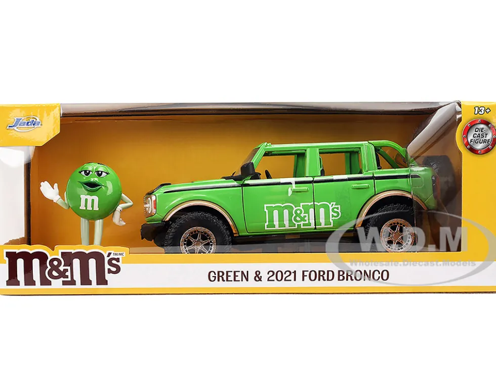 2021 Ford Bronco Green with Black Stripes and Green M&M's Diecast Figure "Hollywood Rides" Series 1/24 Diecast Model Car by Jada