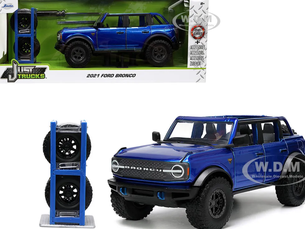 2021 Ford Bronco Open-Top Candy Blue Metallic with Extra Wheels "Just Trucks" Series 1/24 Diecast Model Car by Jada