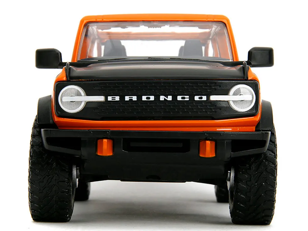 2021 Ford Bronco Open-Top Orange with Black Stripes and Hood with Extra Wheels "Just Trucks" Series 1/24 Diecast Model Car by Jada