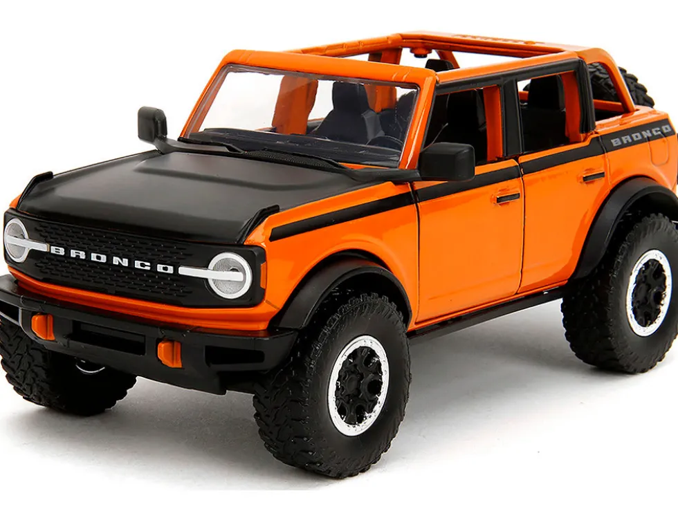 2021 Ford Bronco Open-Top Orange with Black Stripes and Hood with Extra Wheels "Just Trucks" Series 1/24 Diecast Model Car by Jada