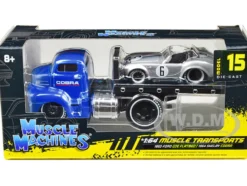 1950 Ford COE Flatbed Truck Blue Cobra Powered by Ford 1964 Shelby Cobra #6 Silver Metallic Stripes Muscle Transports Series 1/64 Diecast Model Cars Muscle Machines 11548SIL