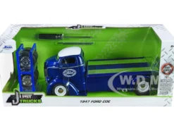 1947 Ford COE Flatbed Truck Dark Blue Metallic White Top The Famous Motor Cars Extra Wheels Just Trucks Series 1/24 Diecast Model Jada 33853