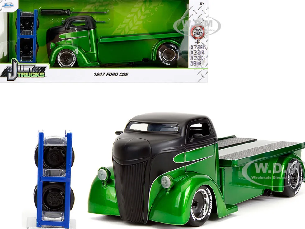 1947 Ford COE Flatbed Truck Green Metallic and Matt Black "Toyo Tires" with Extra Wheels "Just Trucks" Series 1/24 Diecast Model Car by Jada