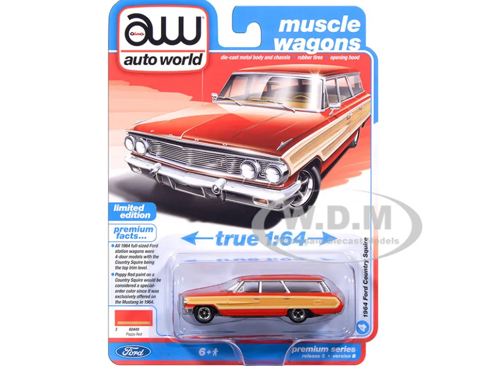 1964 Ford Country Squire Poppy Red with Woodgrain Sides "Muscle Wagons" Series 1/64 Diecast Model Car by Auto World