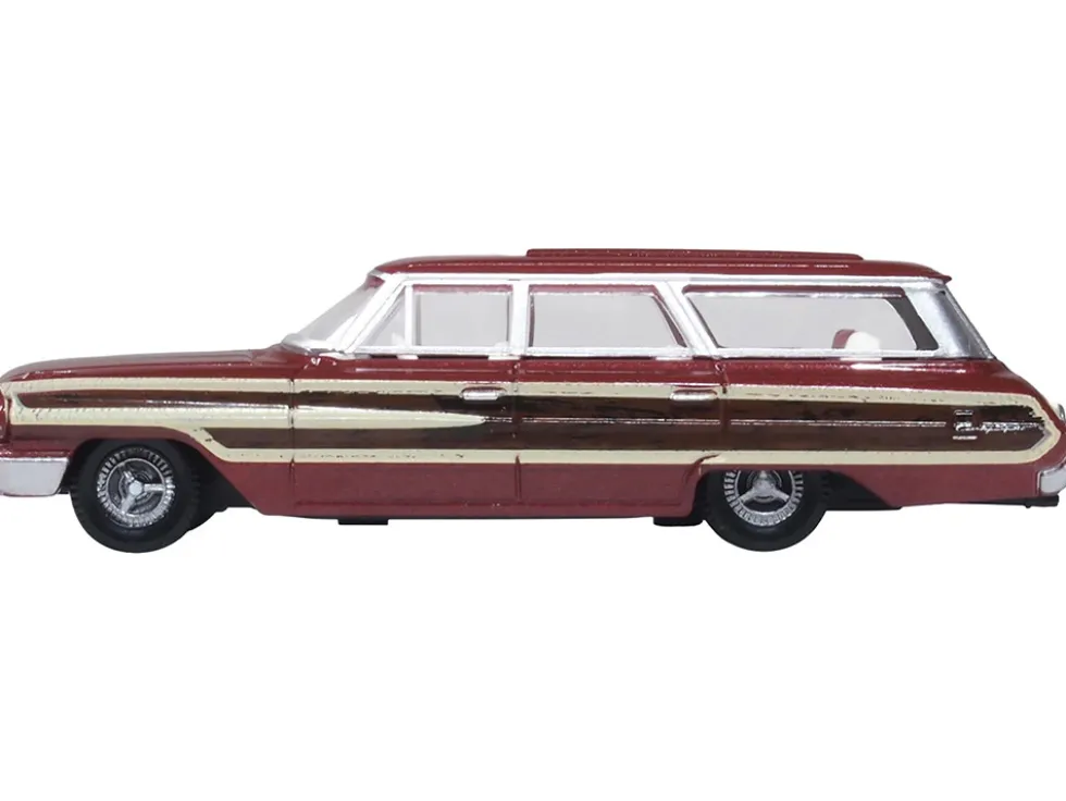 1964 Ford Country Station Wagon Squire Vintage Burgundy with Woodgrain Sides and White Interior 1/87 (HO) Scale Diecast Model Car by Oxford Diecast