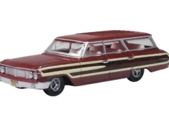 1964 Ford Country Station Wagon Squire Vintage Burgundy with Woodgrain Sides and White Interior 1/87 (HO) Scale Diecast Model Car by Oxford Diecast