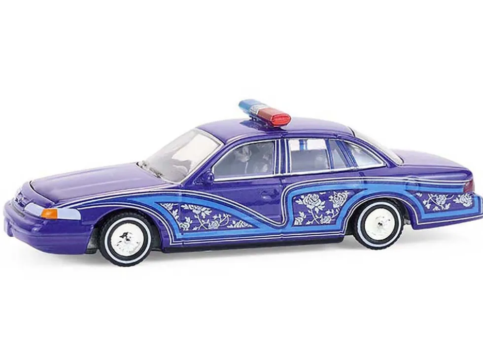 1992 Ford Crown Victoria Lowrider Blue with Graphics and Lightbar "California Lowriders" Series 7 1/64 Diecast Model Car by Greenlight