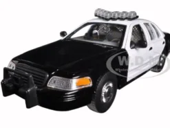 1999 Ford Crown Victoria Unmarked Police Car Black/White In Display Case with Light Bar and Push Bar 1/24 Diecast Model Car Welly SH2082S-BSW