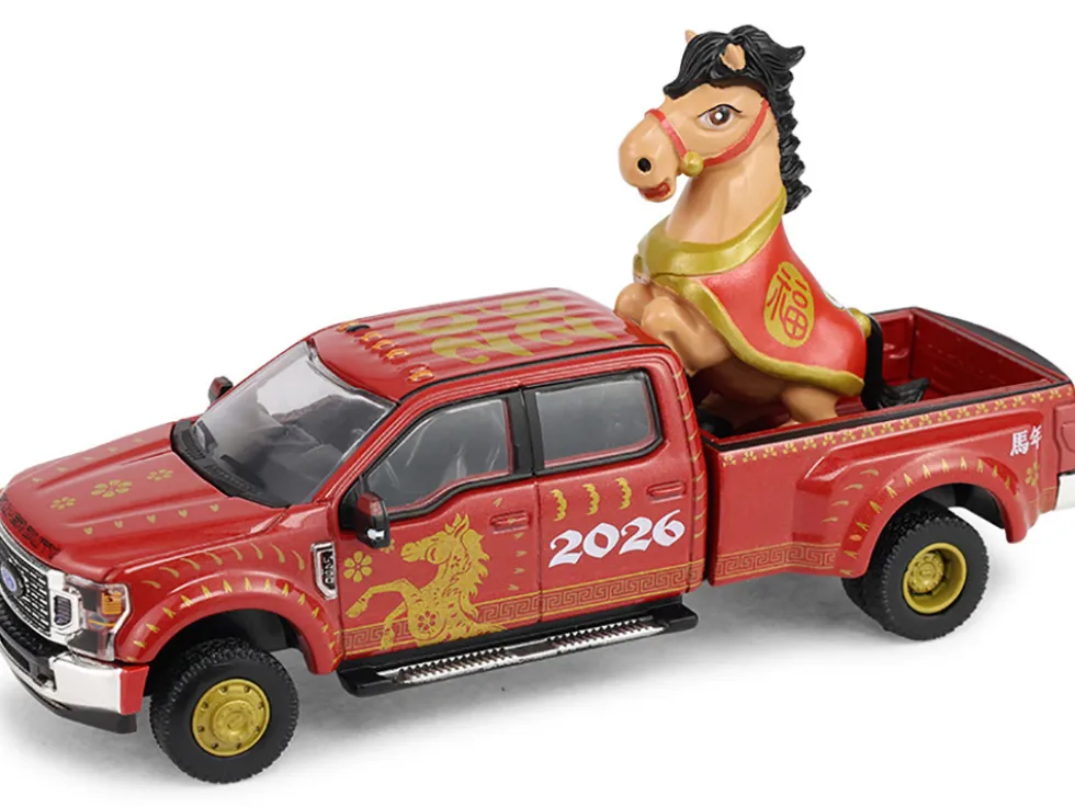 2022 Ford F-450 Dually Pickup Truck "Chinese Zodiac 2026 Year of the Horse" Red with Gold Graphics and Horse Figure "Hobby Exclusive" Series 1/64 Diecast Model Car by Greenlight