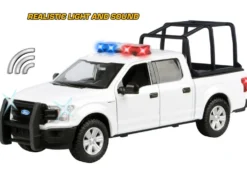 2019 Ford F-150 Lariat Crew Cab Pickup Truck with Bed Cage White with Flashing Light Bar and Front and Rear Lights and Sounds 1/27 Diecast Model Car by Motormax