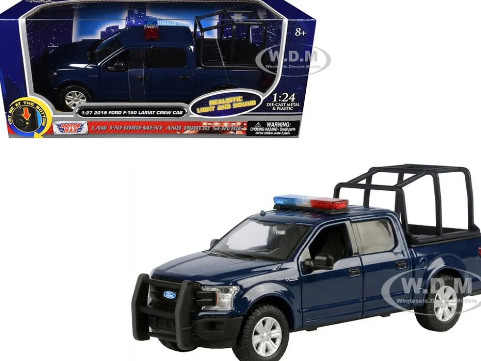 2019 Ford F-150 Lariat Crew Cab Pickup Truck with Bed Cage Dark Blue with Flashing Light Bar and Front and Rear Lights and Sounds 1/27 Diecast Model Car by Motormax