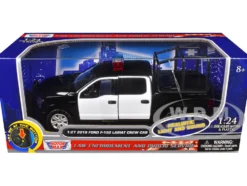 2019 Ford F-150 Lariat Crew Cab Pickup Truck with Bed Cage Black and White with Flashing Light Bar and Front and Rear Lights and Sounds 1/27 Diecast Model Car by Motormax