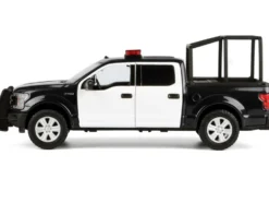 2019 Ford F-150 Lariat Crew Cab Pickup Truck with Bed Cage Black and White with Flashing Light Bar and Front and Rear Lights and Sounds 1/27 Diecast Model Car by Motormax