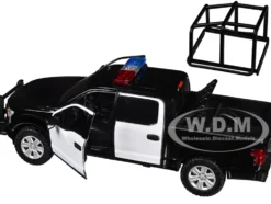 2019 Ford F-150 Lariat Crew Cab Pickup Truck with Bed Cage Black and White with Flashing Light Bar and Front and Rear Lights and Sounds 1/27 Diecast Model Car by Motormax
