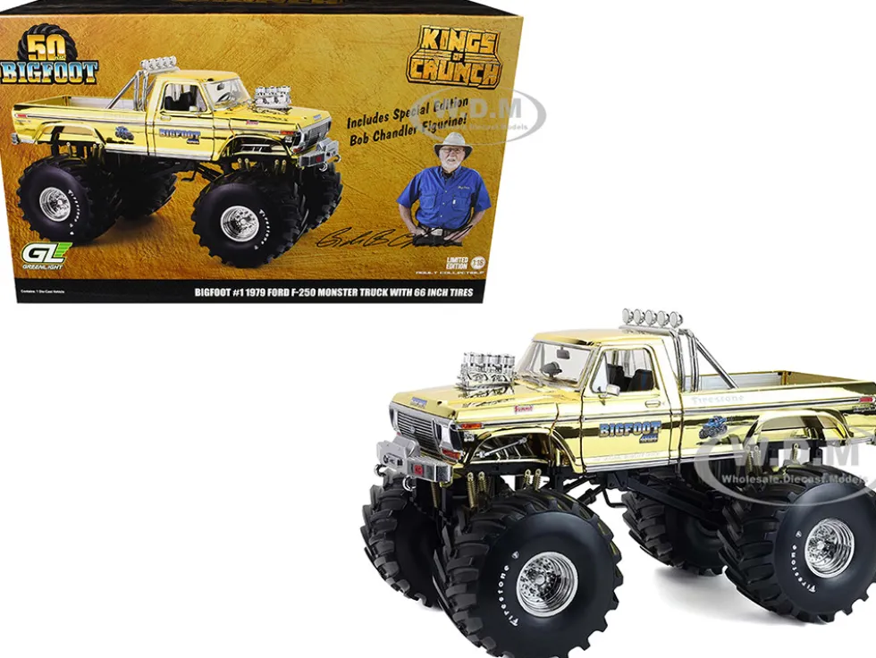 1979 Ford F-250 Monster Truck "Bigfoot #1 50th Anniversary" Gold Chrome with Bob Chandler Standing Figure "Kings of Crunch" Series 1/18 Diecast Model Car by Greenlight