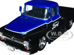 1956 Ford F 100 Pickup Truck Black and Blue Metallic with Ford Graphics Just Trucks Series 1/24 Diecast Model Car Jada 34307
