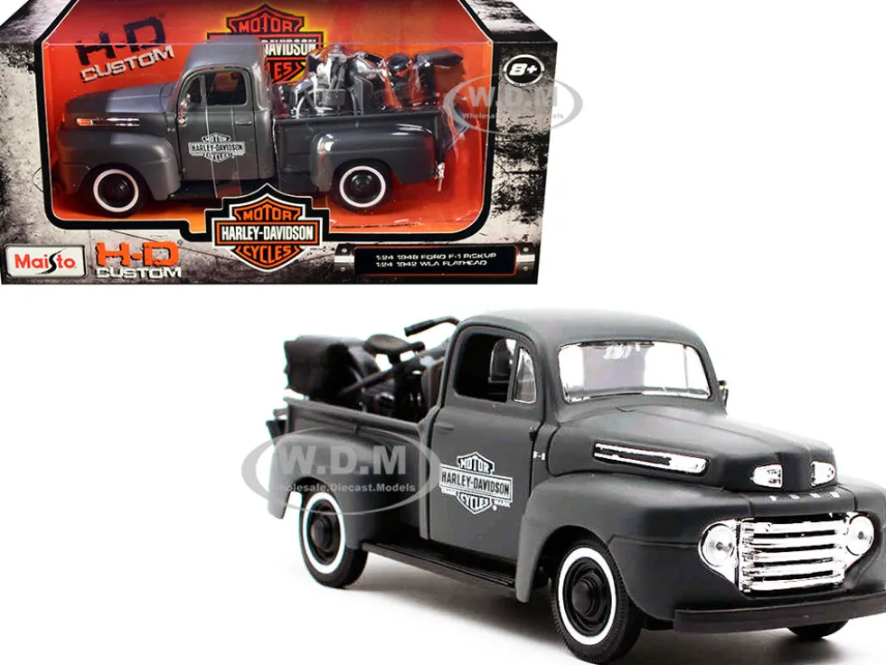 1948 Ford F-1 Pickup Truck 1942 Harley-Davidson WLA Flathead Motorcycle Matt Dark Gray Harley-Davidson Custom 1/24 Diecast Models Maisto 32185