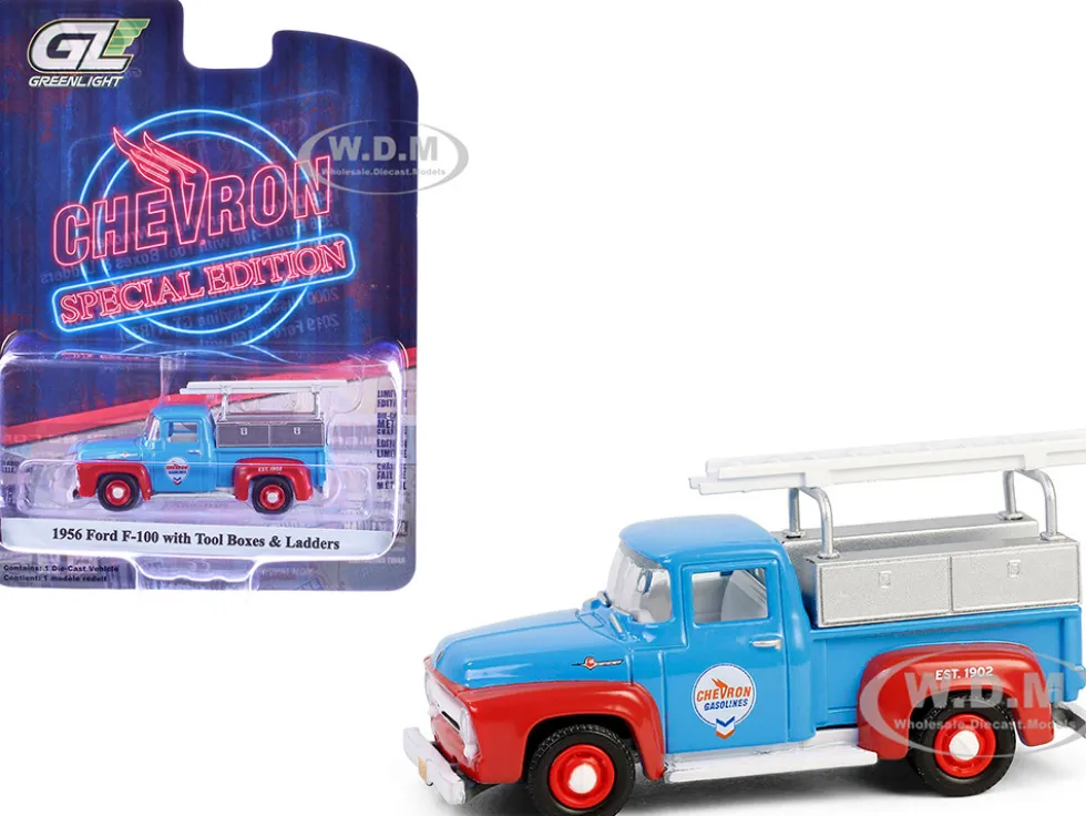 1956 Ford F-100 Pickup Truck with Tool Boxes and Ladders "Chevron" Blue and Red "Chevron Special Edition" Series 1 1/64 Diecast Model Car by Greenlight