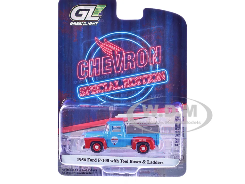 1956 Ford F-100 Pickup Truck with Tool Boxes and Ladders "Chevron" Blue and Red "Chevron Special Edition" Series 1 1/64 Diecast Model Car by Greenlight