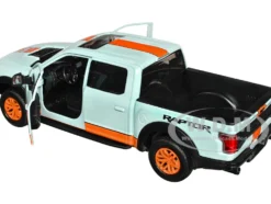 2017 Ford F 150 Raptor Pickup Truck Light Blue with Orange Stripes Gulf Oil Gulf Die Cast Collection 1/27 Diecast Model Car Motormax 79665GULF
