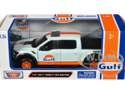 2017 Ford F 150 Raptor Pickup Truck Light Blue with Orange Stripes Gulf Oil Gulf Die Cast Collection 1/27 Diecast Model Car Motormax 79665GULF